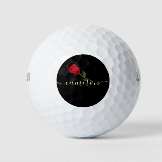 Rote Rose auf Schwarz und Gold monogramiert Golfball (Vorderseite)