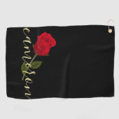 Rote Rose auf Schwarz und Gold monogramiert Golfhandtuch (Horizontal)