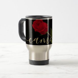 Rote Rose auf Schwarz und Gold monogramiert Reisebecher