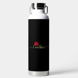 Rote Rose auf schwarzem und goldenem Monogramm Trinkflasche