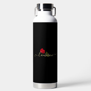 Rote Rose auf schwarzem und goldenem Monogramm Trinkflasche