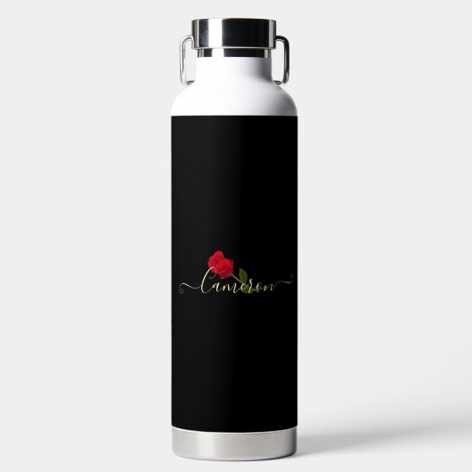 Rote Rose auf schwarzem und goldenem Monogramm Trinkflasche (Vorderseite)