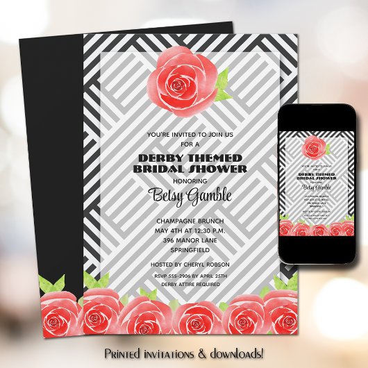 Rote Rose auf Streifen Derby Brautparty Einladung