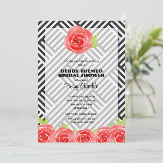 Rote Rose auf Streifen Derby Brautparty Einladung (Stehend Vorderseite)