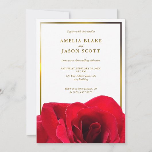 Rote Rose auf Weiß | Goldrahmen mit Foto Hochzeit Einladung (Vorderseite)