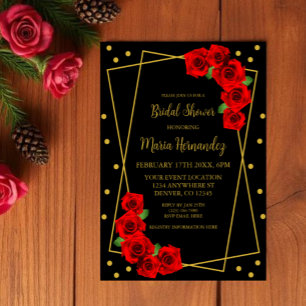 Rote Rose Black and Gold Brautparty Einladung