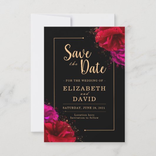 Rote Rose Black and Gold Elegante Save the Date (Vorderseite)