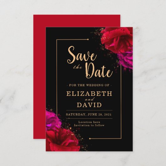 Rote Rose Black and Gold Elegante Save the Date (Vorne/Hinten)