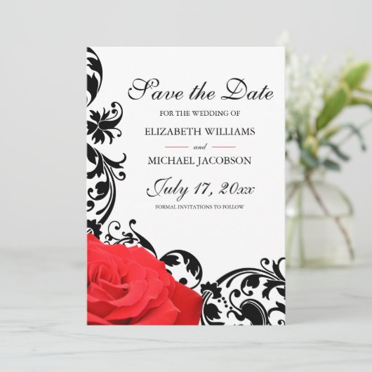 Rote Rose Black Blühe Hochzeit Save The Date (Stehend Vorderseite)