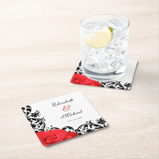 Rote Rose Black Blühe Personalisierte Hochzeit Rechteckiger Pappuntersetzer (Vor Ort)