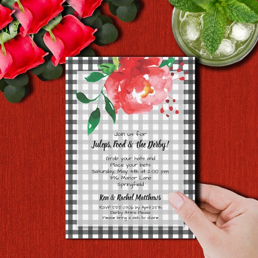 Rote Rose Black Gingham Derby Party Einladung