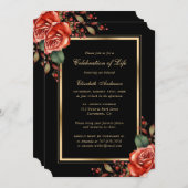 Rote Rose Black Gold Foto Feier des Lebens Einladung (Vorne/Hinten)