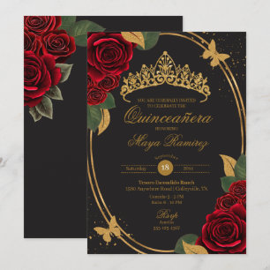Rote Rose Black Gold Glitzer Butterfly Quinceañera Einladung