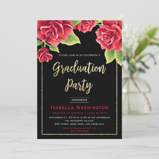Rote Rose Black Gold Glitzer Foto Graduation Party Einladung (Stehend Vorderseite)