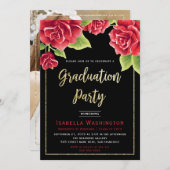 Rote Rose Black Gold Glitzer Foto Graduation Party Einladung (Vorne/Hinten)
