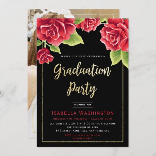 Rote Rose Black Gold Glitzer Foto Graduation Party Einladung (Vorne/Hinten)