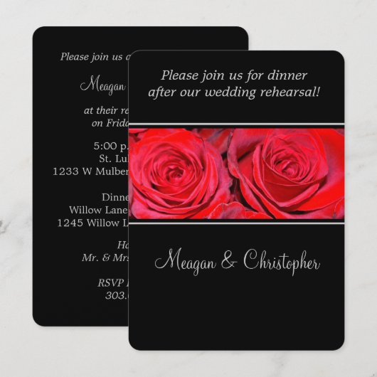 Rote Rose Black Silver Hochzeit Probe Dinner Einladung (Vorne/Hinten)