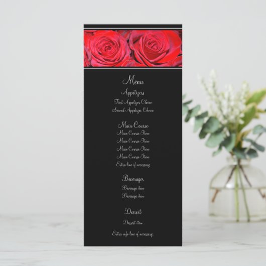 Rote Rose Black Silver Wedding Menu Menükarte (Stehend Vorderseite)