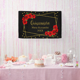 Rote Rose Black und Gold Quinceñera Banner