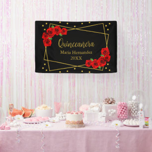 Rote Rose Black und Gold Quinceñera Banner