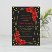 Rote Rose Black und Gold Quinceñera Einladung (Stehend Vorderseite)
