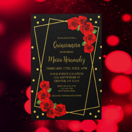 Rote Rose Black und Gold Quinceñera Einladung