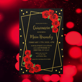 Rote Rose Black und Gold Quinceñera Einladung
