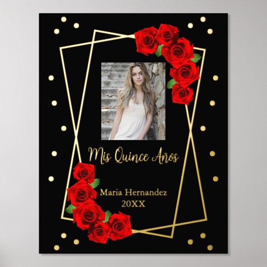 Rote Rose Black und Gold Quinceñera Foliendrucke (Vorderseite)