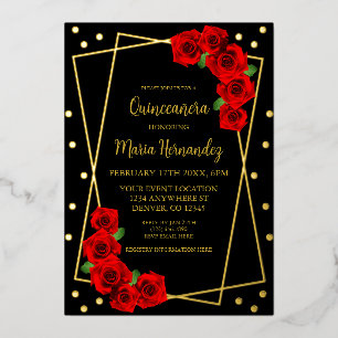 Rote Rose Black und Gold Quinceñera Folieneinladung