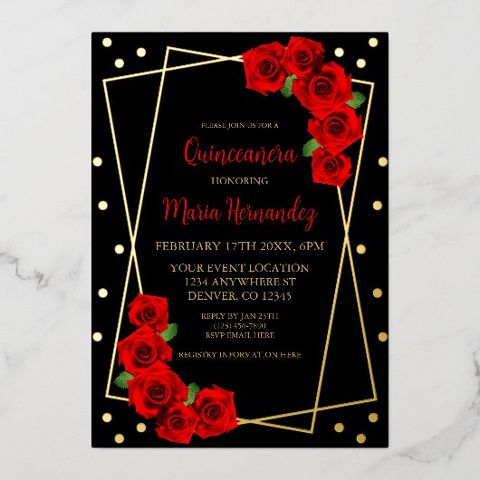 Rote Rose Black und Gold Quinceñera Folieneinladung (Vorderseite)