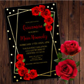 Rote Rose Black und Gold Quinceñera Folieneinladung