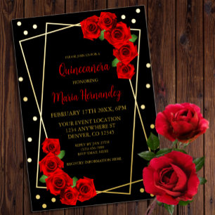 Rote Rose Black und Gold Quinceñera Folieneinladung