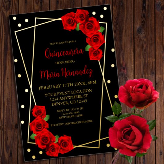 Rote Rose Black und Gold Quinceñera Folieneinladung