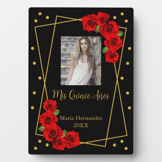 Rote Rose Black und Gold Quinceñera Fotoplatte (Vorderseite)