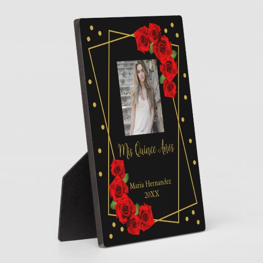 Rote Rose Black und Gold Quinceñera Fotoplatte (Seite)