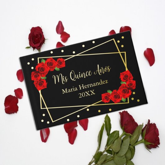Rote Rose Black und Gold Quinceñera Gästebuch