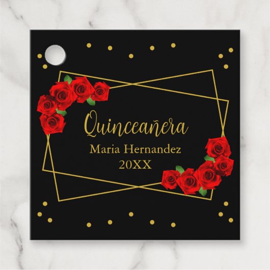 Rote Rose Black und Gold Quinceñera Geschenkanhänger (Vorderseite)