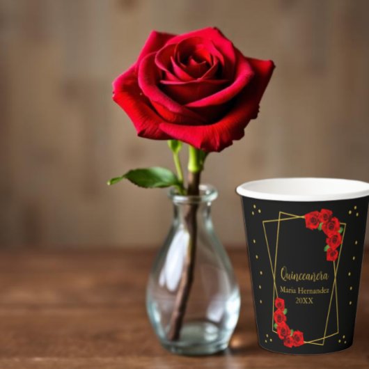 Rote Rose Black und Gold Quinceñera Pappbecher