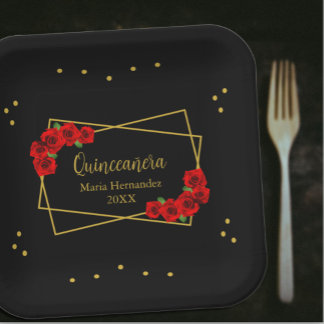 Rote Rose Black und Gold Quinceñera Pappteller