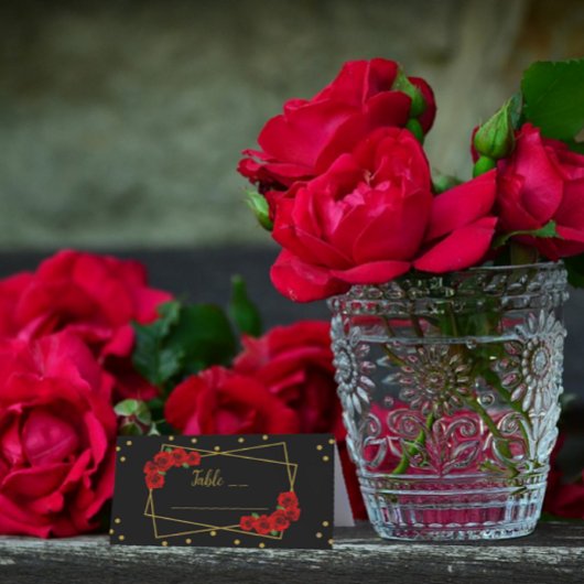 Rote Rose Black und Gold Quinceñera Platzkarte