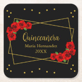 Rote Rose Black und Gold Quinceñera Rechteckiger Pappuntersetzer (Vorderseite)