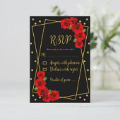 Rote Rose Black und Gold Quinceñera RSVP Karte (Stehend Vorderseite)