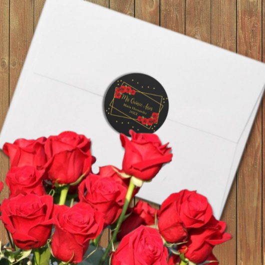 Rote Rose Black und Gold Quinceñera Runder Aufkleber