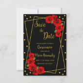 Rote Rose Black und Gold Quinceñera Save The Date (Vorderseite)