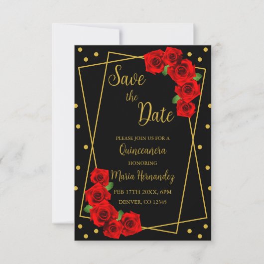 Rote Rose Black und Gold Quinceñera Save The Date (Vorderseite)