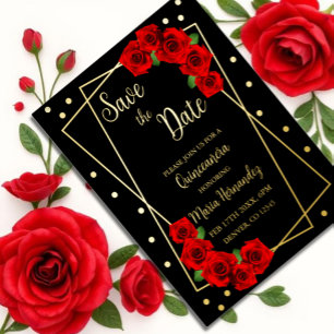 Rote Rose Black und Gold Quinceñera Save the Date Folie Einladungspostkarte