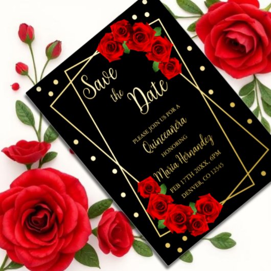 Rote Rose Black und Gold Quinceñera Save the Date Folie Einladungspostkarte