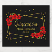 Rote Rose Black und Gold Quinceñera Schaumweinetikett (Einzelnes Label)