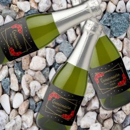 Rote Rose Black und Gold Quinceñera Schaumweinetikett