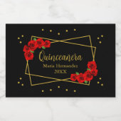 Rote Rose Black und Gold Quinceñera Schaumweinetikett (Einzelnes Label)